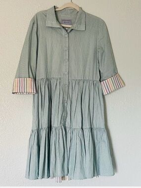Dovima Light Mint Striped Button-Front Tiered Dress with Rainbow Cuffs